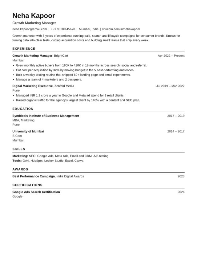 ATS Plain resume template preview