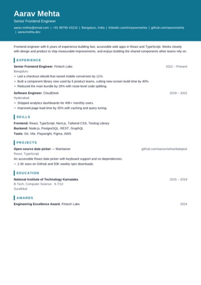 Portfolio resume template example