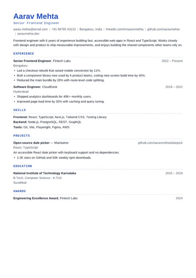 Technical resume template preview